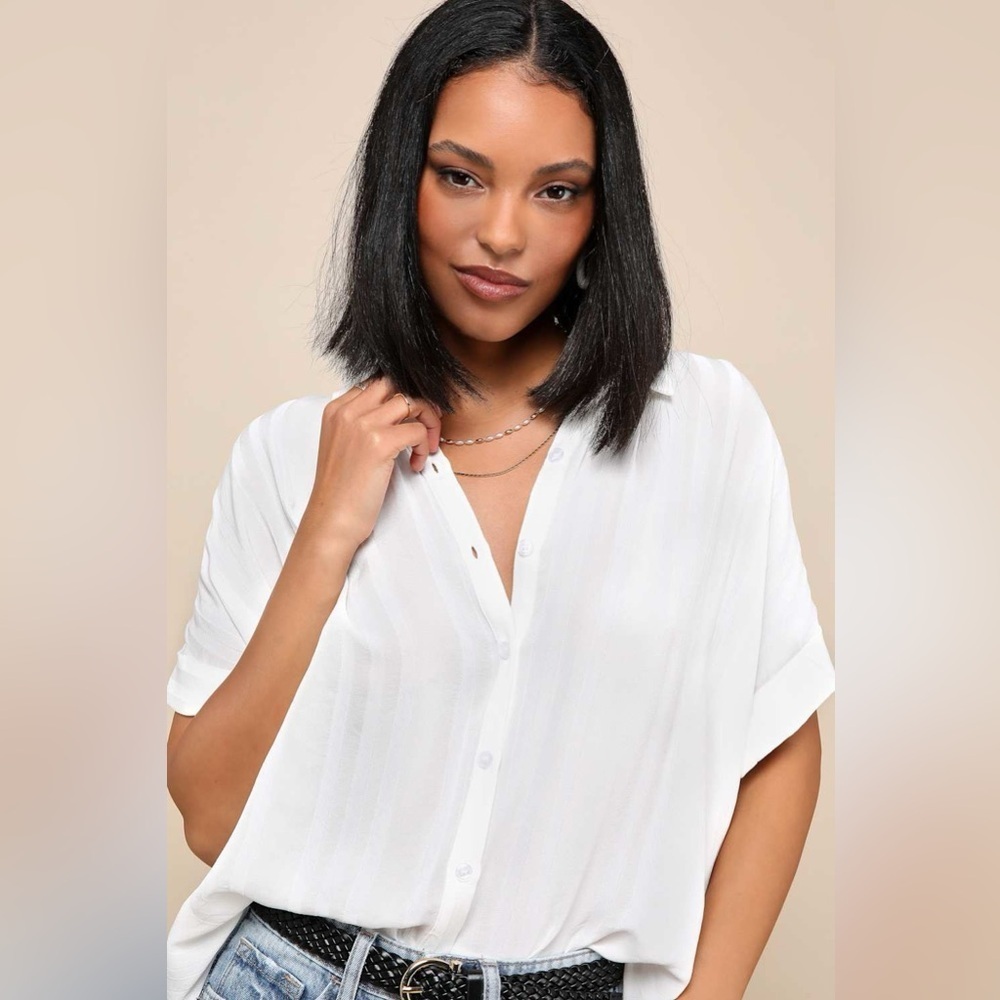 Lulus White Everlee Striped Button-Up Top, Size XS